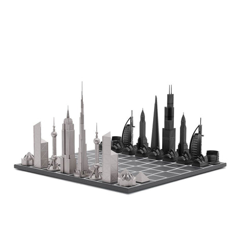 Skyline Chess 33pc Set World Icons Edition with Wooden Board (Black/Grey)