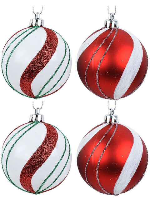 Christmas Warehouse - DECR9150 6x Dynamic Red & White Essential Candy Swirl Glitter Baubles | 60mm Red & White with Green & Silver