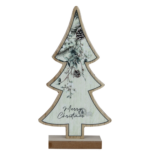 Botanical Merry Christmas Wooden Tree Tabletop Sign | 32cmNatural with Green