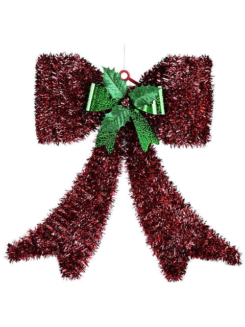 Christmas Warehouse - METL2401 Red & Green Bow With Holly Christmas Tinsel Plaque Ornament | 43cm Red with Green