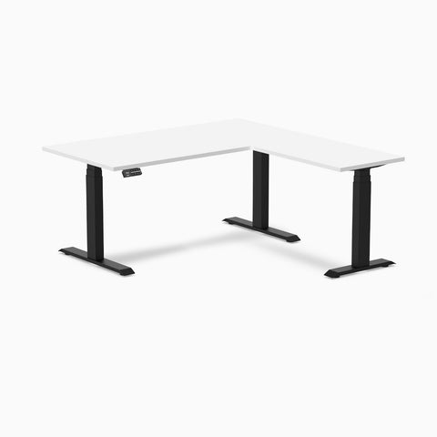 Desky Eco L-Shape Melamine Sit Stand Desk 150 x 155 cm White Top and Matte Black Leg