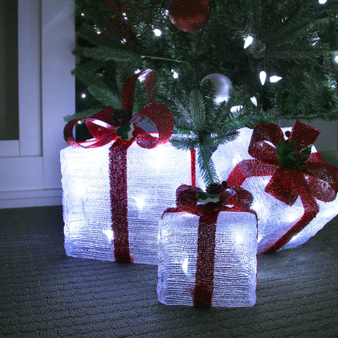 Lexi Lighting LED Acrylic Gift Box Red Ribbon Christmas Lights Set of 3