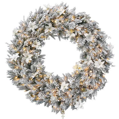 Christabelle 122cm Frosted Colonial Pre-Lit Christmas Wreath, 200 Warm White LED Lights, Snowy Holiday Decor