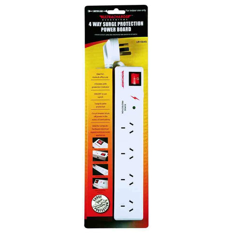 Ultracharge 4-Socket Power Strip Board with Surge Protection 1m Cord (White)
