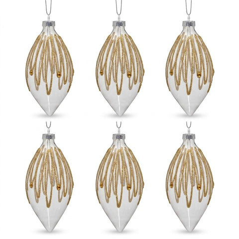Christabelle 6 Glass Christmas Teardrop Baubles Gold Shimmer Jewels 13cm Xmas Tree Decorations Hanging Ornaments
