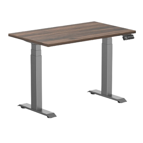 Desky Dual Mini Sit Stand Desk 1000 x 600 Jarrah Legno Desktop and Space Grey Frame