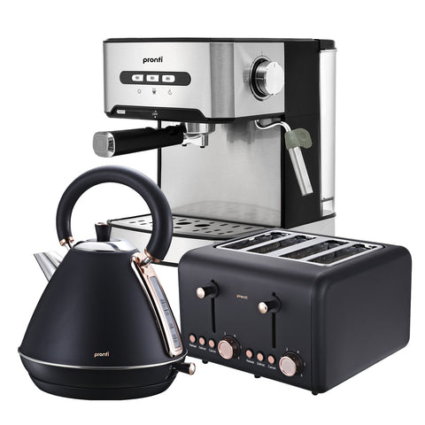Pronti Toaster, 1.7L Kettle & Coffee Machine Stainless Steel Breakfast Set (Black)