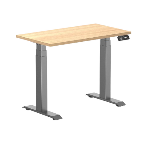 Desky Dual Mini Hardwood Sit Stand Desk 90cm Teak Desktop and Space Grey Frame