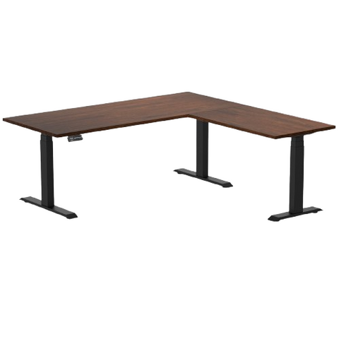 Desky Rubberwood L-Shape Sit Stand Desk 180 x 175 cm Red Walnut Top and Matte Black Leg