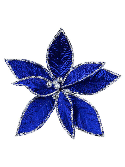 Christmas Warehouse - PICK2527 Sapphire Blue Velvet & Diamante Poinsettia Christmas Tree Clip Pick | 26cm Blue with Silver
