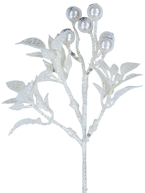 Christmas Warehouse - PICK2407 White Berries & Foliage Spray With Silver Glitter Christmas Clip Pick | 19cm White with Silver