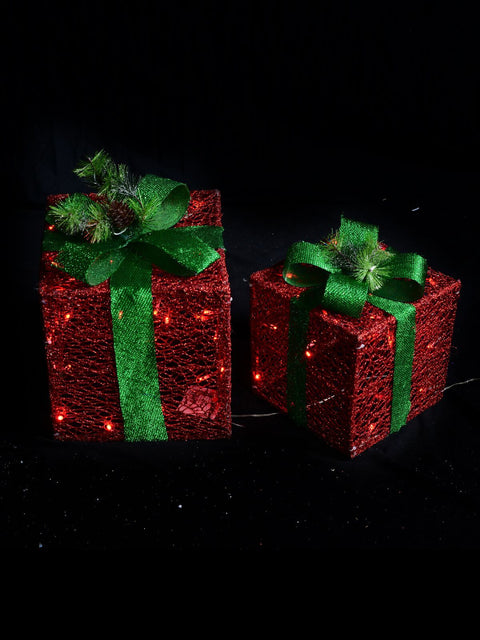 Christmas Warehouse - OUDRB111 Red Glitter Mesh 3D Gift Box LED Display Set | 25cm & 20cm Red with Green & Warm White