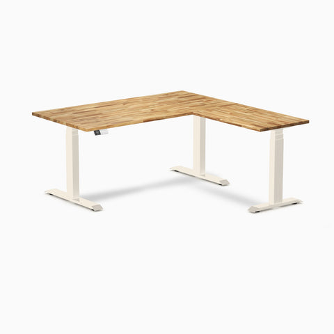 Desky Hardwood L-Shape Sit Stand Desk 150 x 155 cm Acacia / Wheat Top and Wheat Leg