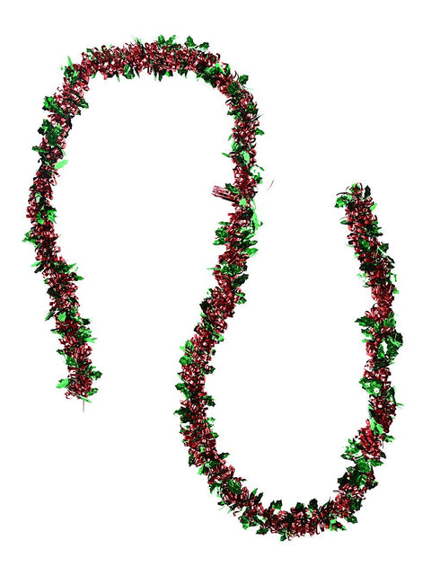 Christmas Warehouse - TINV2857 Classic 4ply Red Ribbon & Green Holly Christmas Tinsel Garland | 2.7m x 90mm Red & Green