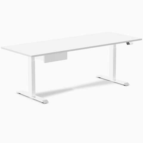 Desky Dual Melamine Standing Desk With Drawer 200cm White Desktop and White Frame