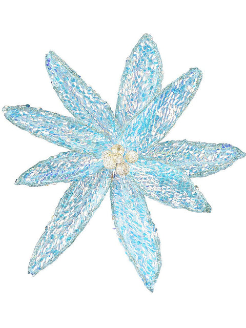 Christmas Warehouse - PICK2211 Turquoise Poinsettia With Iridescent Sequins Christmas Tree Clip Pick | 26cm Turquoise with Iridescent & White