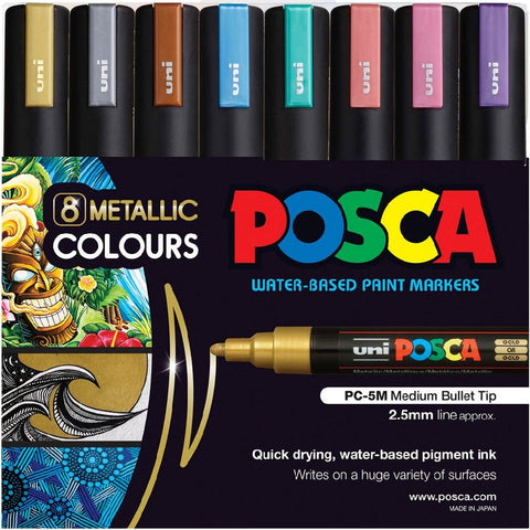Uni POSCA PC-5M Paint Markers Bullet Tip Medium 8 Colour Pack (Metallic Colours)