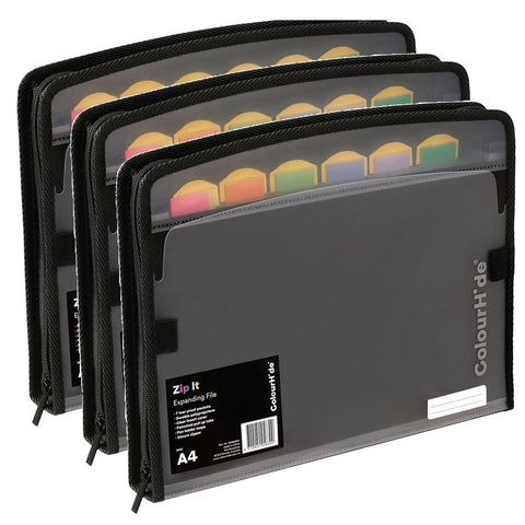 Colourhide Zipit PP Expanding File Folder 7 Pocket A4 3 Pack (Black)