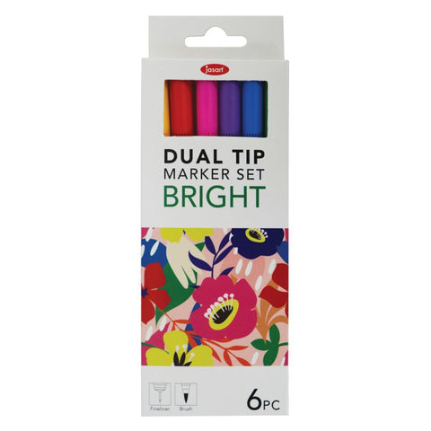 Jasart Dual Nib Brush Fineliner 0.4mm Pen/Marker Set (Bright) [6 pieces]