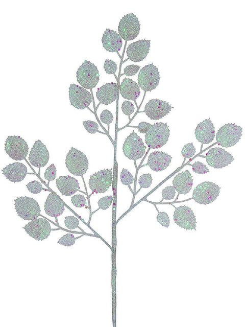 Christmas Warehouse - STEM2403 White & Iridescent Glitter Holly Leaf Look Long Christmas Stem | 47cm White with Iridecent