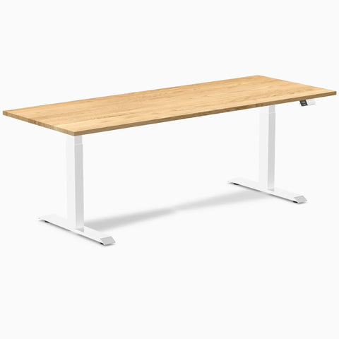 Desky Dual Hardwood Sit Stand Desk 200cm White Oak Desktop and White Frame