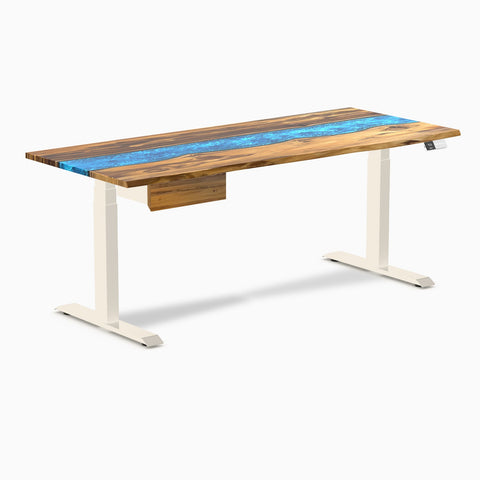 Desky Dual Resin Hardwood Standing Desk With Drawer 180cm Teak Blue River Desktop and Wheat Frame