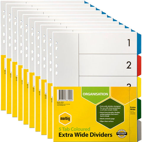 Marbig Extra Wide Divider PP 5-Tab A4 Assorted Colours 10 Pack