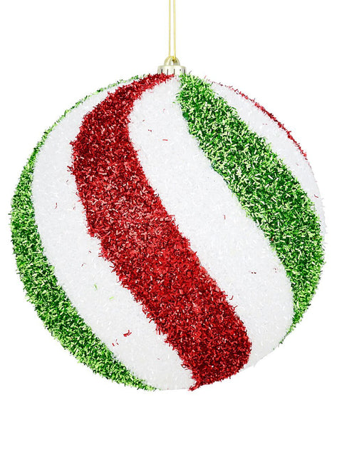 Christmas Warehouse - DECRH096 Red Green & White Tinsel Swirl Whimsical Large Display Bauble | 25cm Red, White & Green with Silver