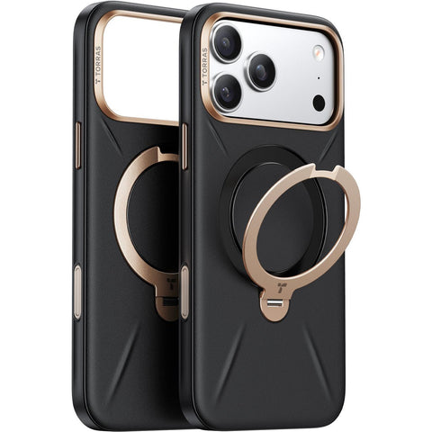 Torras Ostand Spin Vegan Leather Case for iPhone 17 Pro Max (Ivory Black)