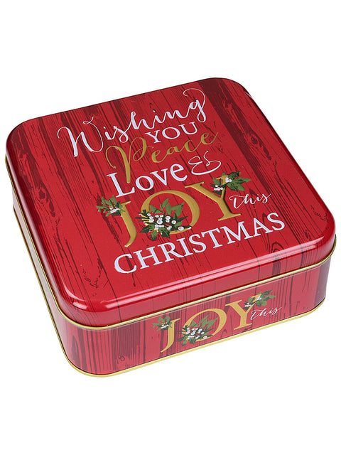 Christmas Warehouse - ORNM2624 Rustic Red Timber Look Christmas Cookie Tin | 17cm Festive Metal Gift Box Red with Gold & White