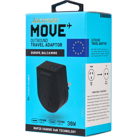 Jackson MOVE Rapid Charge PD30W USB-C Outbound Travel Adaptor for Europe, Bali & More