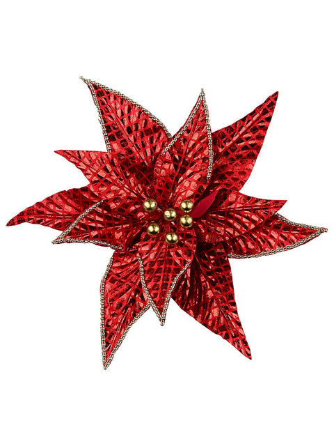 Christmas Warehouse - PICK2535 Shiny Red Grid Pattern & Gold Beads Poinsettia Christmas Tree Clip Pick | 36cm Red with Gold