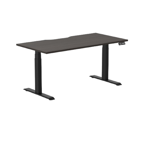 Desky Dual Scalloped Melamine Sit Stand Desk - Burnished Wood / 1500x750mm / Matte Black