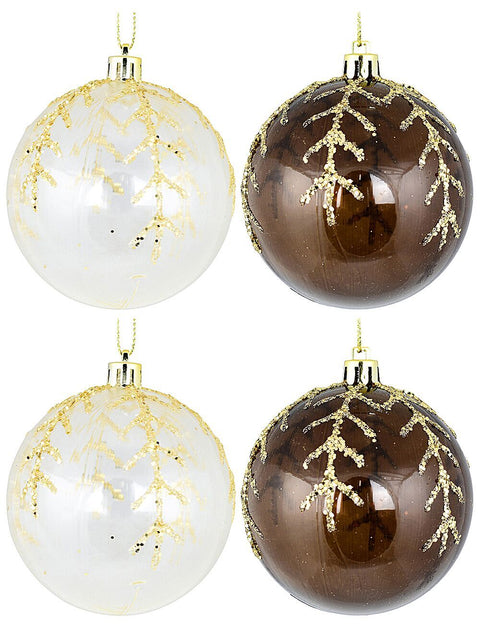 Christmas Warehouse - DECR9215 4x Timeless Brown & Clear Statement Gold Snowflake Baubles | 80mm Clear & Brown with Gold