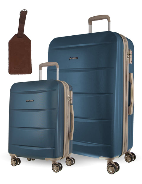 2pc Pierre Cardin Large Hard & Cabin Travel Luggage Set w/ Name Tag Blue