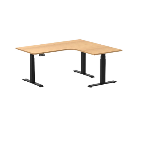 Desky L-Shape Melamine Sit Stand Desk 160cm - Left Return Select Beech Top and Matte Black Leg