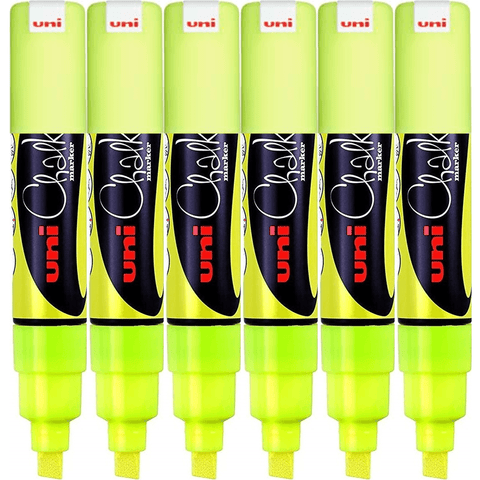 Uni-Ball PWE8K 6 Pack Chalk Marker Chisel Tip 8mm Thick (Fluro Yellow)