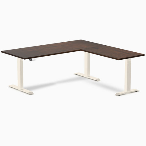 Desky Rubberwood L-Shape Sit Stand Desk 180 x 175 cm Dark Walnut Top and Wheat Leg