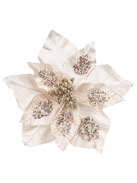 Christmas Warehouse - PICK2529 Decorated Rose Gold Poinsettia Christmas Tree Clip Pick | 29cm Rose Gold with Champagne & White