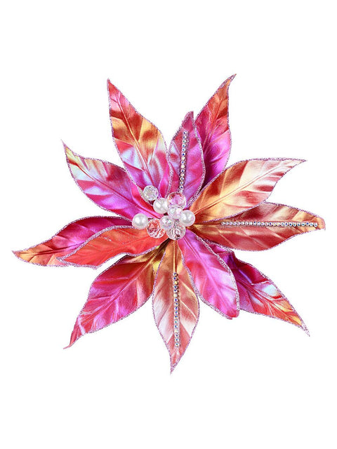 Christmas Warehouse - PICK2508 Hot Pink Iridescent With Diamantes Poinsettia Christmas Tree Clip Pick | 32cm Matte Hot Pink Iridescent
