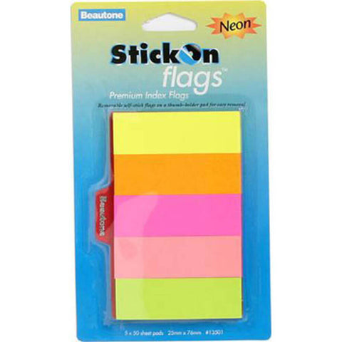 Beautone Stick On Flags 250 Sheets (Assorted Neon) - 25x76mm