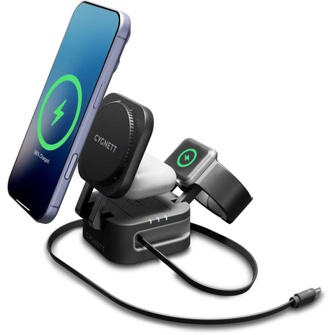 Cygnett ChargeBase Wireless 3-in-1 Charger with Retractable USB-C Cable (Black)