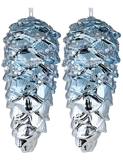Christmas Warehouse - DECRH073 4x Silver Blue Two Tone Whimsical Signature Pinecone Finial Drops | 11cm Blue& Silver
