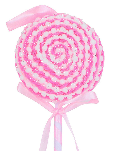 Christmas Warehouse - STEM2527 Pink & White Lollipop Swirl With Satin Bow Long Christmas Stem | 38cm Pink & White