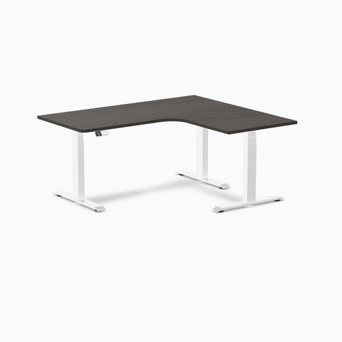 Desky L-Shape Melamine Sit Stand Desk 160cm - Right Return Burnished Wood Top and White Leg