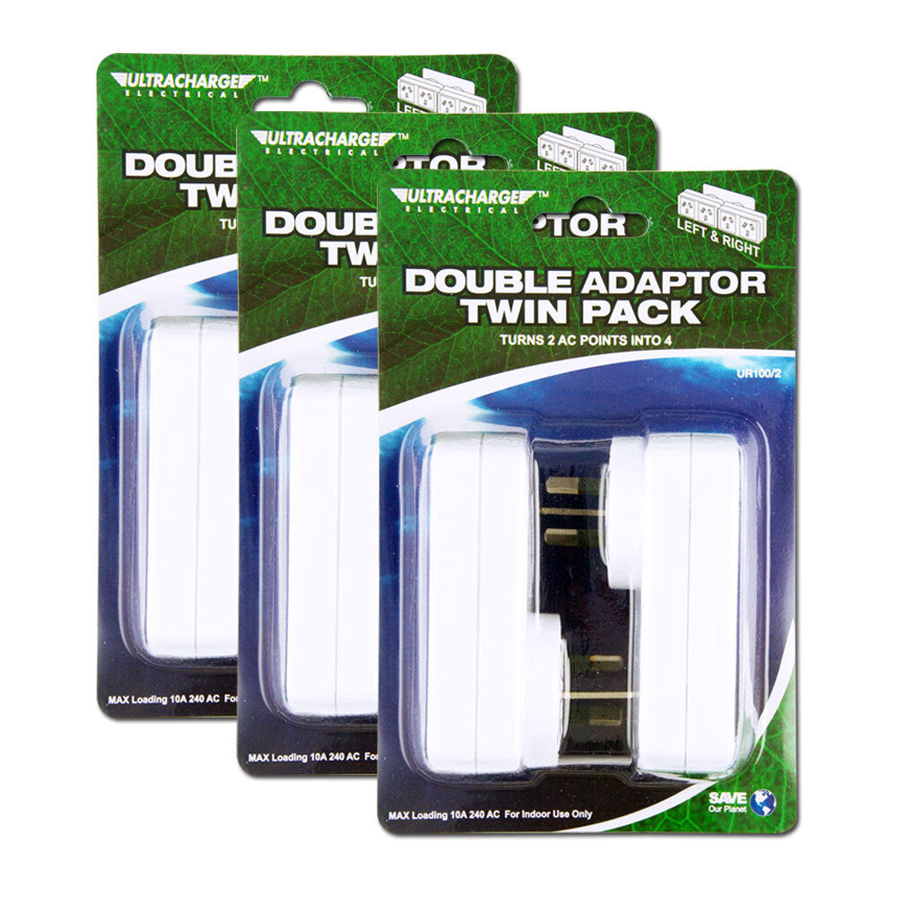 3x Ultracharge Double AC Adapter Twin L&R 4 Outlet Plug Extender (White ...