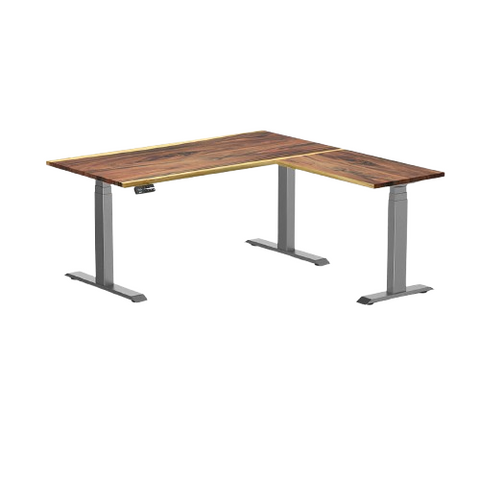 Desky Hardwood L-Shape Sit Stand Desk 150x155cm Saman and Space Grey Leg