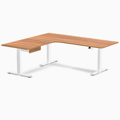 Desky L-Shape Melamine Standing Desk With Drawer 200cm - Left Return Prime Oak Top and White Leg