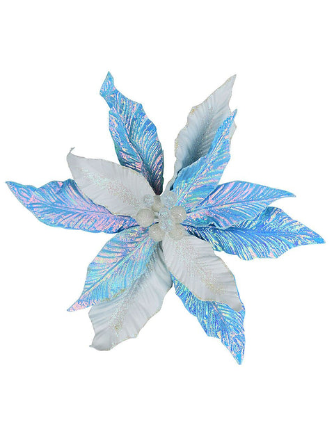 Iridescent Turquoise & Ivory Poinsettia Christmas Tree Clip Pick | 30cmIridescent Turquoise & Ivory with Clear