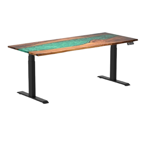 Desky Dual Resin Hardwood Sit Stand Desk 180cm Natural Walnut Emerald River Desktop and Matte Black Frame